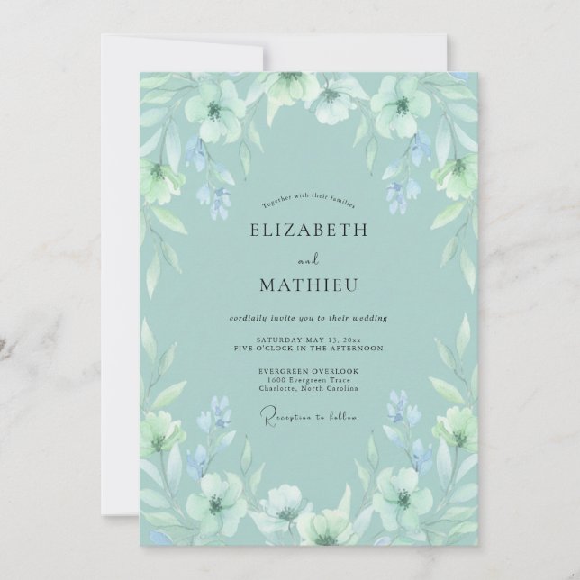 Convites Casamento Etéreo de Primavera Verde Espuma do Mar (Frente)