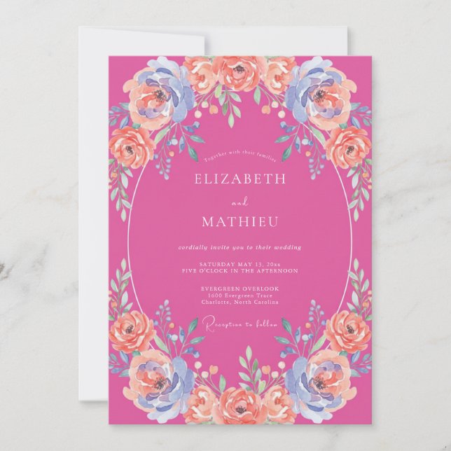 Convites Casamento Etéreo de Verão Rosa Quente (Frente)