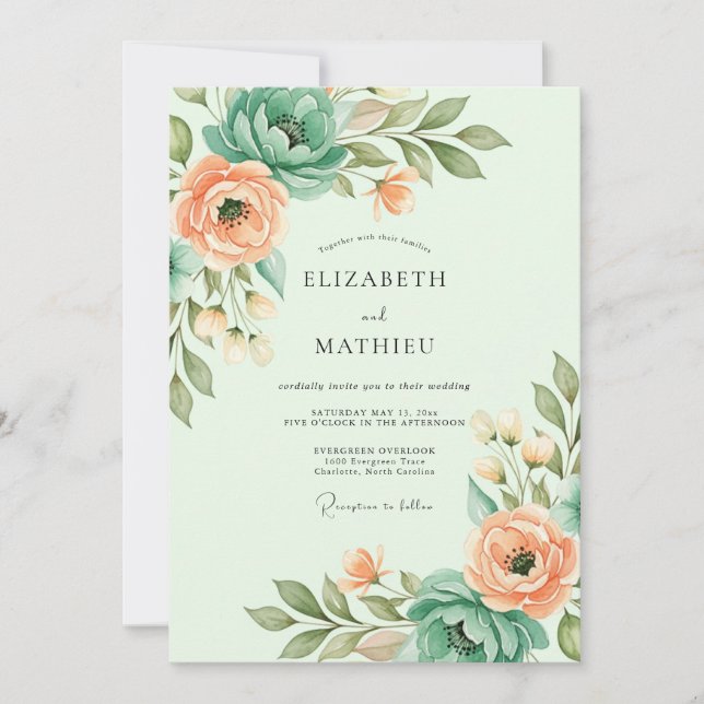Convites Casamento Etéreo de Verde Menta na Primavera (Frente)