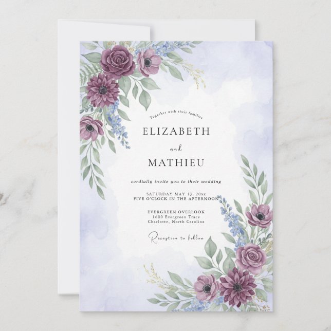 Convites Casamento Etéreo em Aquarela de Ameixa (Frente)