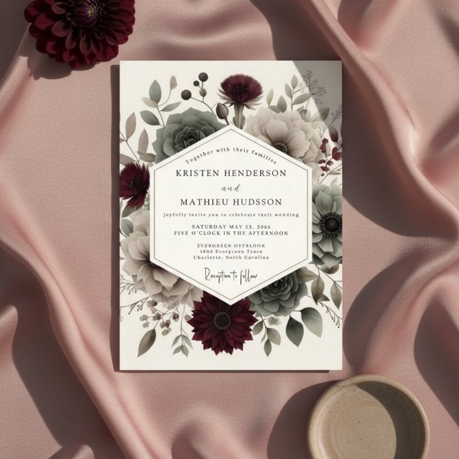 Convites Casamento Etéreo Flor de Veludo Borgonha (Criador carregado)