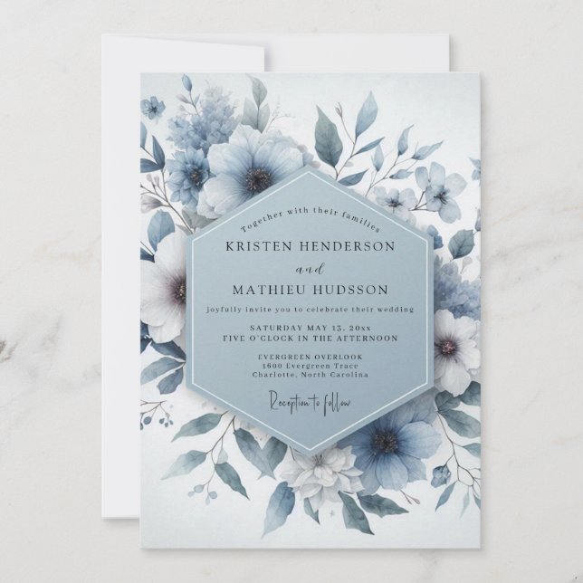 Convites Casamento Etéreo Floral Azul (Frente)