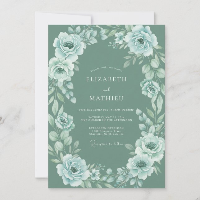 Convites Casamento Etéreo Floral Azul Desbotado (Frente)