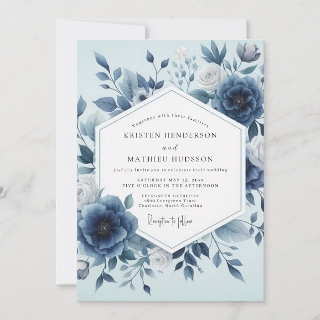 Convites Casamento Etéreo Floral Índigo (Frente)