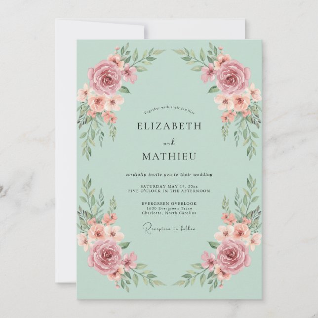 Convites Casamento Etéreo Floral Rosa (Frente)