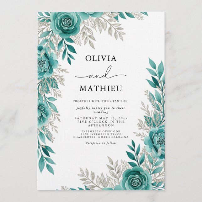 Convites Casamento Etéreo Floral Turquesa (Frente)