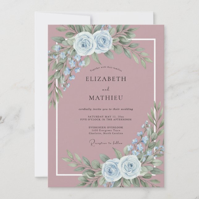 Convites Casamento Etéreo Rosa Azul Pálido Mauve (Frente)