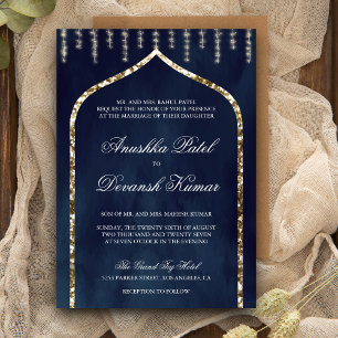 Convites Casamento Étnico Indiano com Arco Dourado Azul Mar
