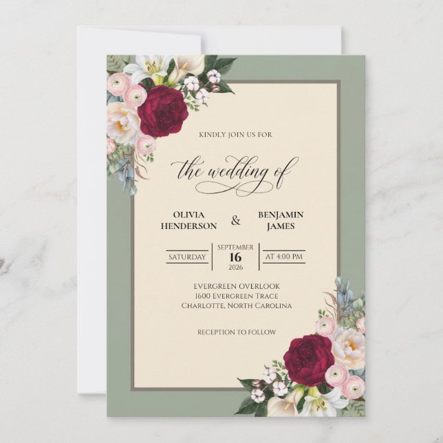 Convites Casamento Eucalipto com Ramalhete Oliva Marrom (Frente)