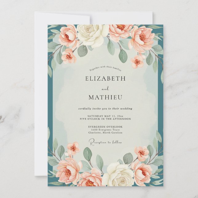 Convites Casamento Eucalipto Coral Petrol (Frente)