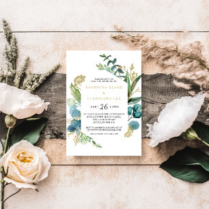 Convites Casamento Eucalipto Dourado e Verde