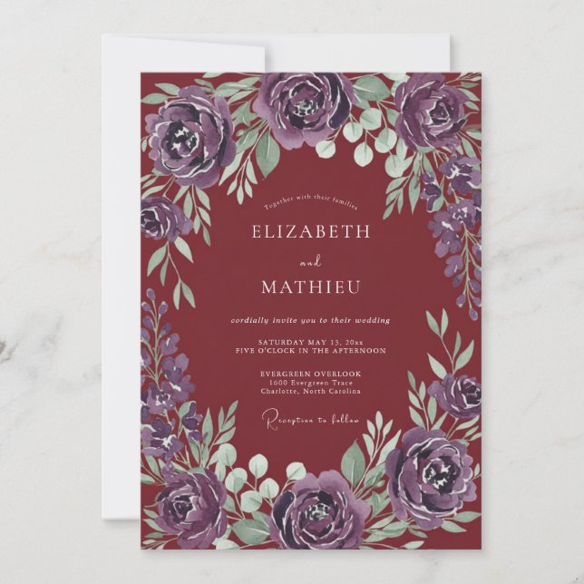 Convites Casamento Eucalipto Folhagem Ameixa Vinho (Frente)