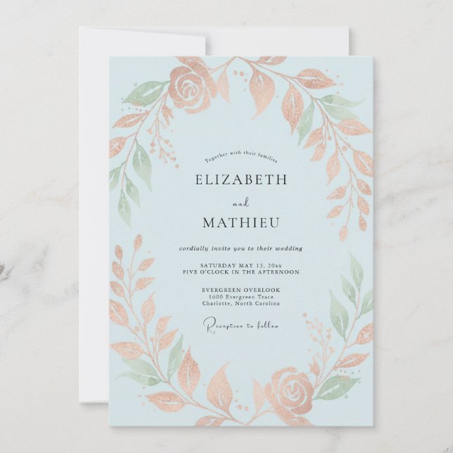 Convites Casamento Eucalipto Folhagem Celeste Damasco (Frente)