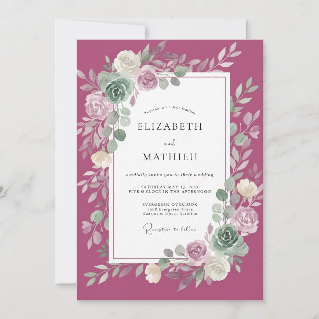 Convites Casamento Eucalipto Folhagem Ranunculus Magenta (Frente)