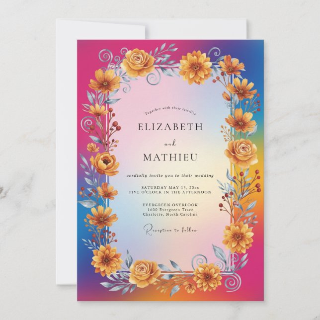 Convites Casamento Eucalipto Girassol Amarelo Magenta (Frente)