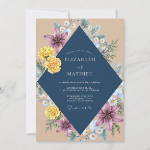 Convites Casamento Eucalipto Margarida Amarela Azul-Marinho