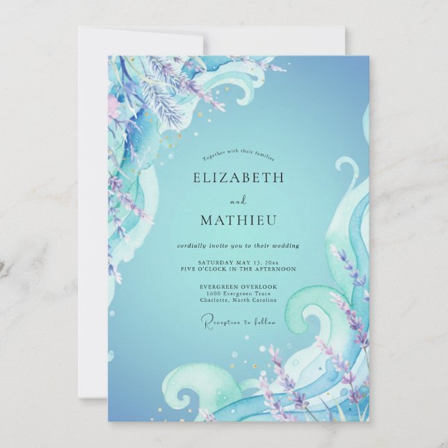 Convites Casamento Eucalipto Oceano Onda Azure (Frente)