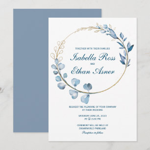 Convites Casamento Eucalipto Poeira Azul e Dourado