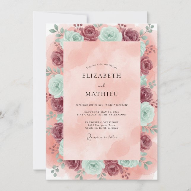 Convites Casamento Eucalipto Ranúnculo Azul Turquesa Rosa (Frente)
