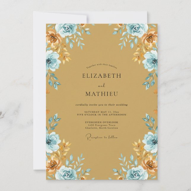 Convites Casamento Eucalipto Ranunculus Cerúleo Dourado (Frente)