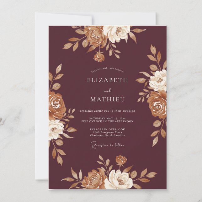Convites Casamento Eucalipto Ranunculus Cobre Vinho (Frente)