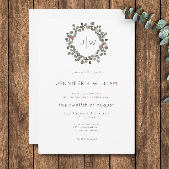 Convites Casamento Eucalipto Wreath Verde Mínimo (Minimal Rust Green Eucalyptus Wreath Wedding Invitation)