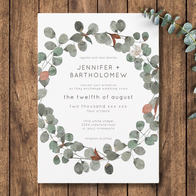 Convites Casamento Eucalipto Wreath Verde Moderno Rust (Modern Rust Green Eucalyptus Wreath Wedding Invitation)