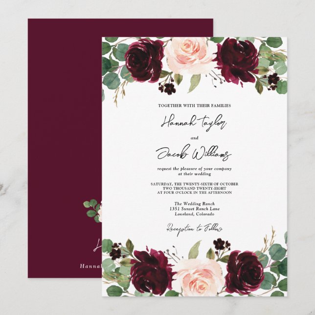 Convites Casamento Eucalyptus Blush Burgundy (Frente/Verso)
