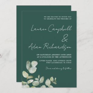 Convites Casamento Eucalyptus com Aquarela Verde Escura Mod