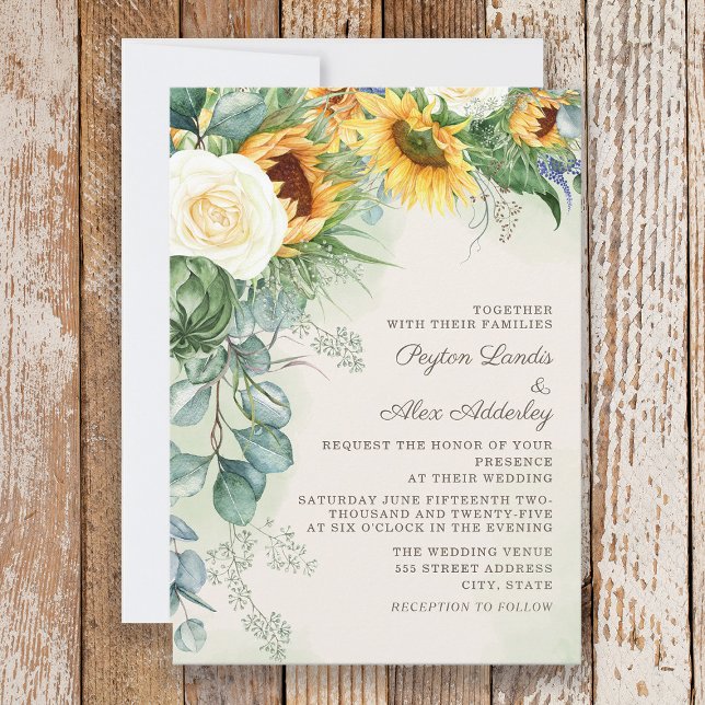 Convites Casamento Eucalyptus com Girassóis Elegante (Sunflowers and eucalyptus wedding invitation)