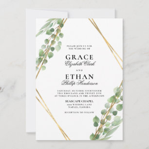 Convites Casamento Eucalyptus com quadro Dourado geométric