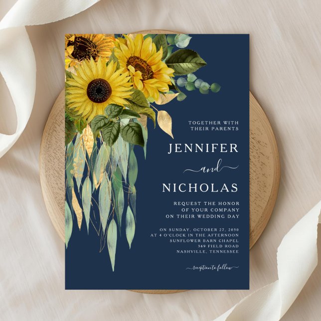 Convites Casamento Eucalyptus De Girassol Floral marinho Az (Navy Blue Floral Sunflower Eucalyptus Wedding Invitation)