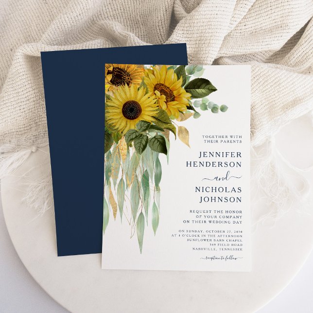 Convites Casamento Eucalyptus De Girassol Floral marinho Az (Navy Blue Floral Sunflower Eucalyptus Wedding Invitation)