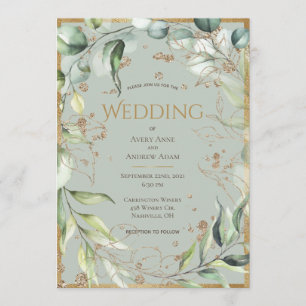 Convites Casamento Eucalyptus Dourado Elegante