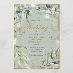 Convites Casamento Eucalyptus Dourado Elegante Rustic Green