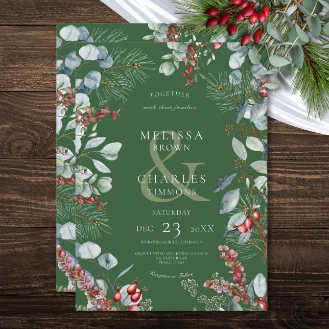 Convites Casamento Eucalyptus em Berries Verdes Winter Pine (Green Winter Pine Berries Eucalyptus Wedding Invitation)