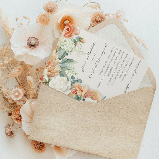 Convites Casamento Eucalyptus Floral Branco Peach Elegante (Elegant peach and cream-colored watercolor floral wedding invitation)