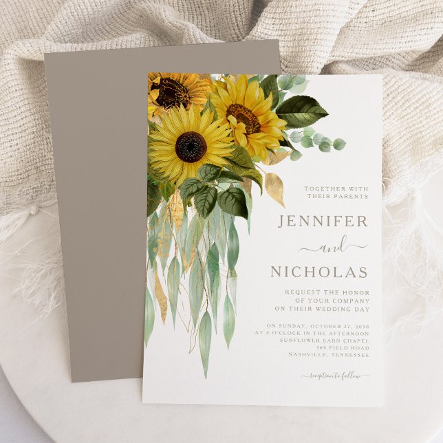 Convites Casamento Eucalyptus Floral Floral (Elegant Floral Sunflowers Eucalyptus Wedding Invitation)