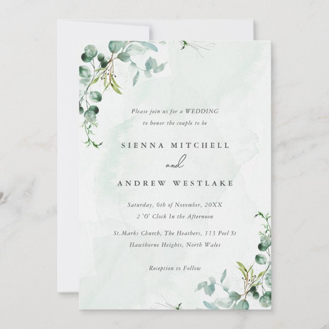 Convites Casamento Eucalyptus Greenery Blue Watercolor (Frente)