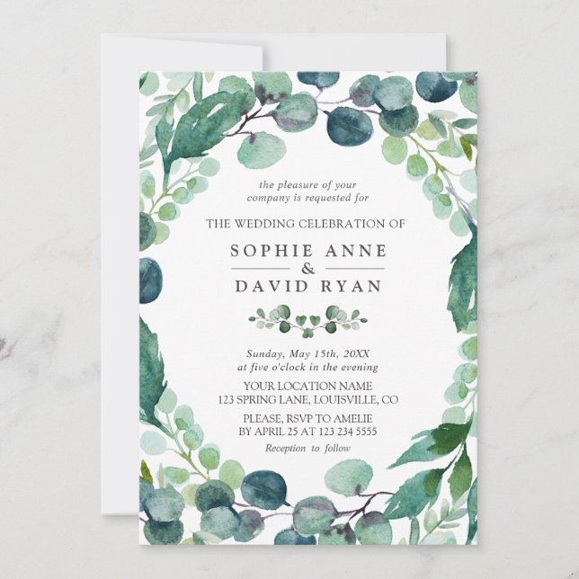 Convites Casamento Eucalyptus Greenery Lush Watercolor (Frente)