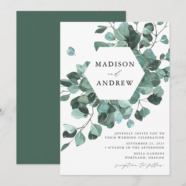 Convites Casamento Eucalyptus Greenery Modern Watercolor (Frente/Verso)