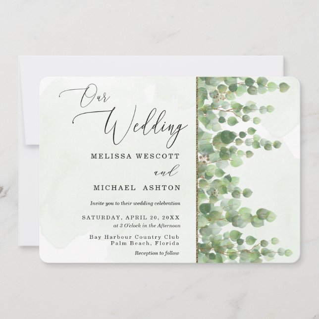 Convites Casamento Eucalyptus Greenery Modern Watercolor (Frente)