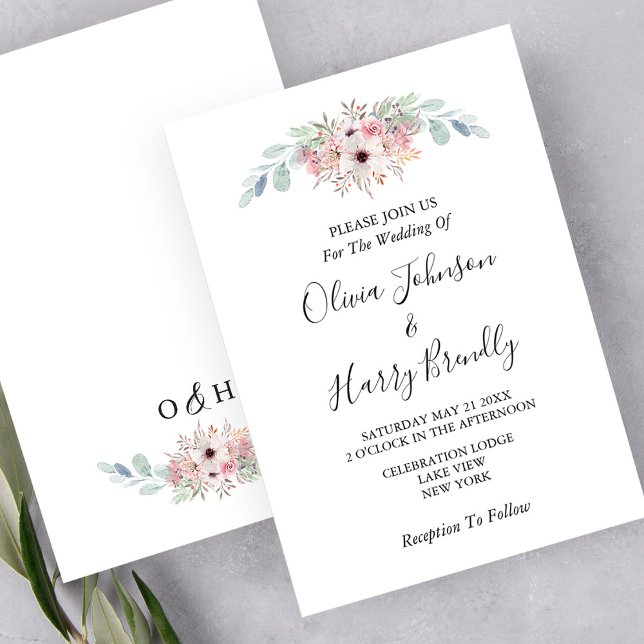 Convites Casamento Eucalyptus Greenery, Russo Branco Rosa (Criador carregado)