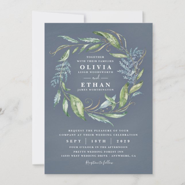 Convites Casamento Eucalyptus Greenery Wreath Azul (Frente)