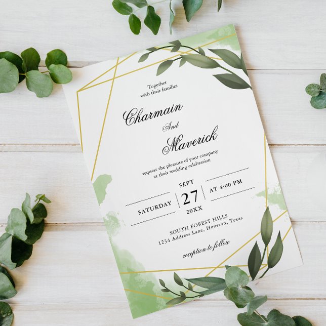 Convites Casamento Eucalyptus Leaf Elegante Geo Frame (Criador carregado)