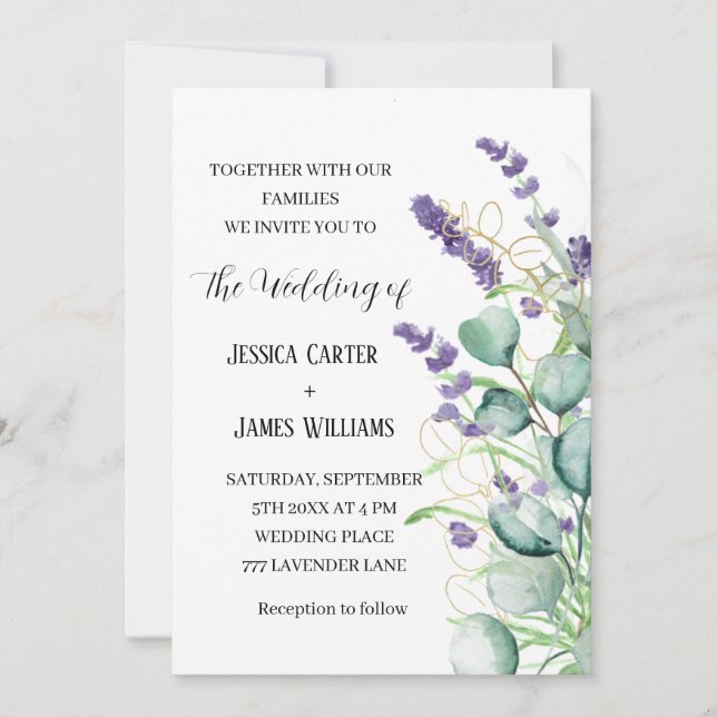 Convites Casamento Eucalyptus Rustic de lavanda Watercolor (Frente)