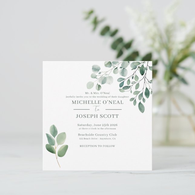 Convites Casamento Eucalyptus Sage Green Watercolor (Em pé/Frente)