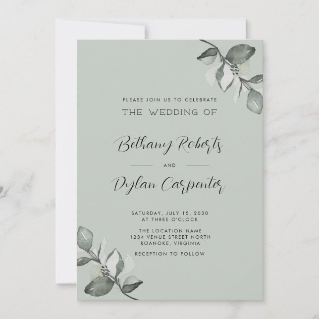 Convites Casamento Eucalyptus Tudo em Uma Sage Watercolor (Frente)