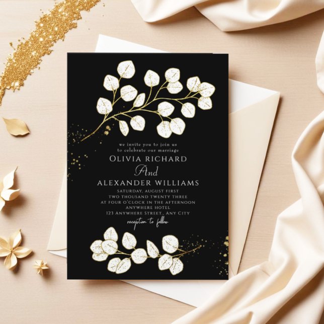 Convites Casamento Eucalyptus, vegetação negra Elegante (Criador carregado)