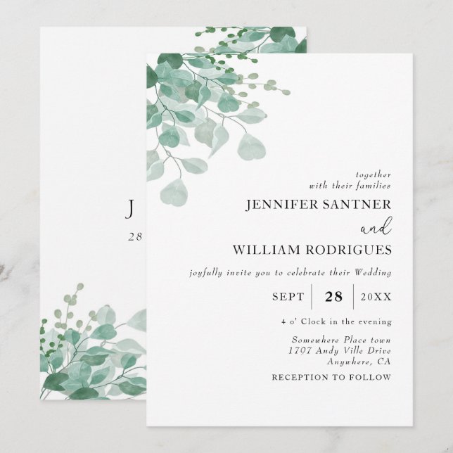 Convites Casamento Eucalyptus Verde com Aquarela Orçamental (Frente/Verso)